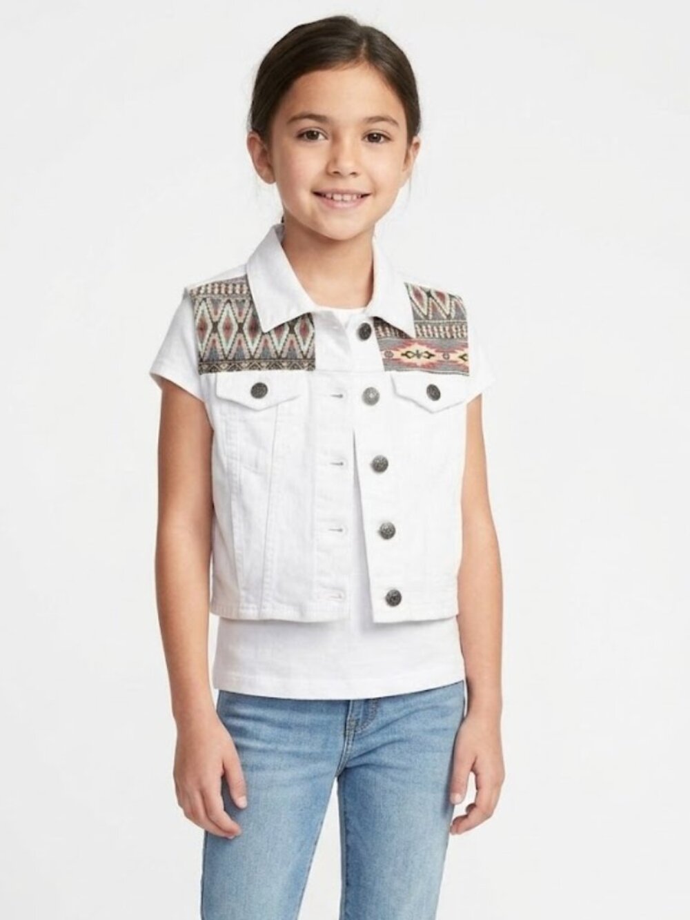 ChiQle Girls White Denim Vest Patched Button Down Collared Size Medium 7/8